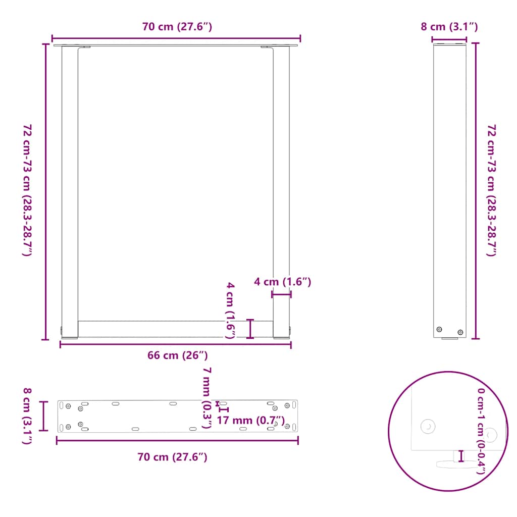 spisebordsben U-formet 2 stk. sort 70 x (72-73) cm stål