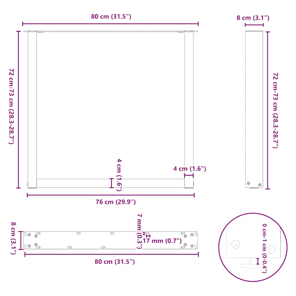 spisebordsben U-formet 2 stk. sort 80 x (72-73) cm stål