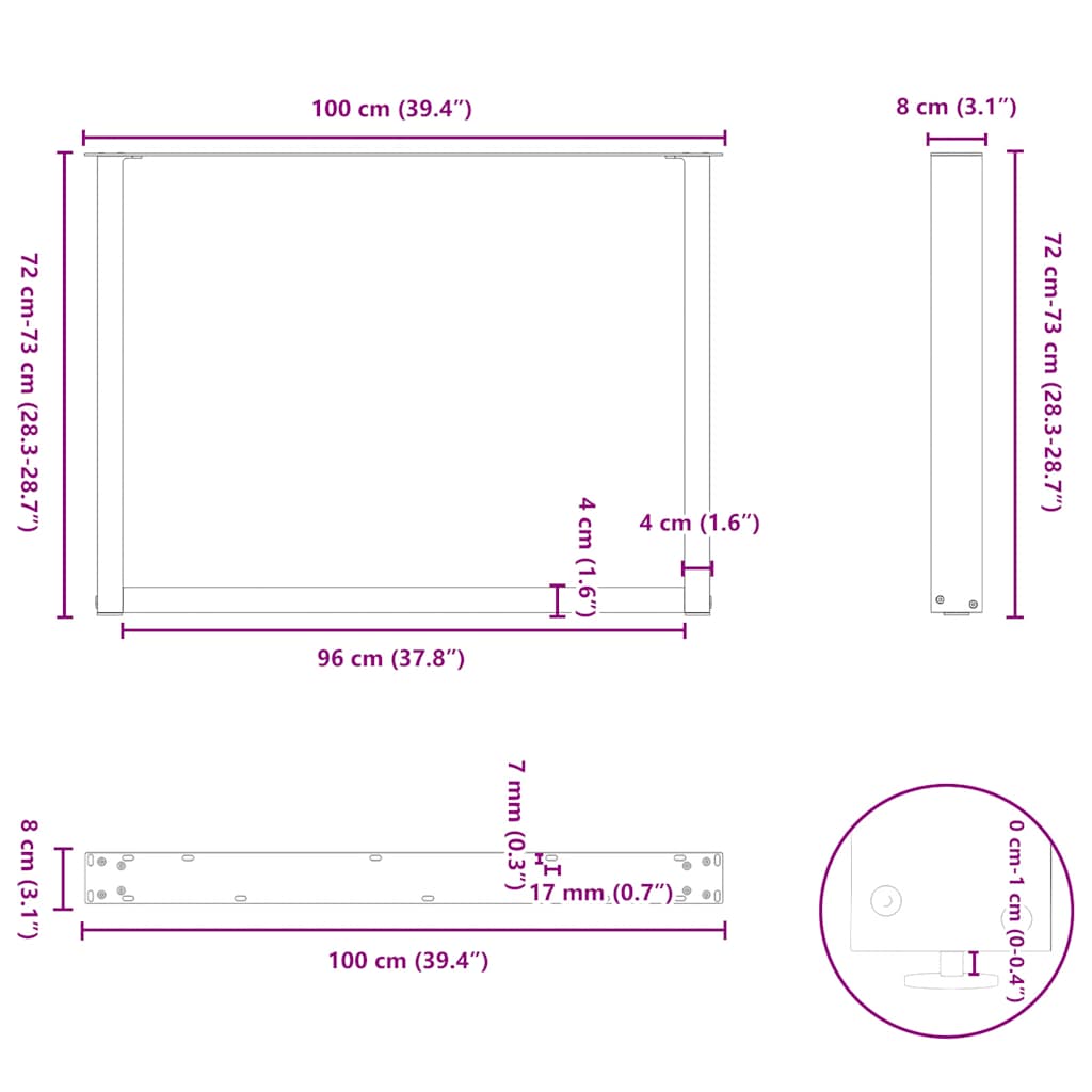 spisebordsben U-formet 2 stk. sort 100x(72-73) cm stål