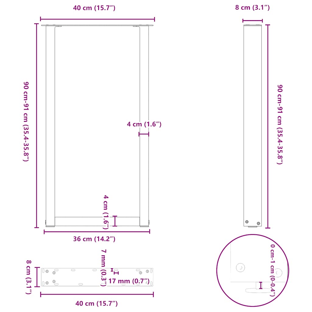barbordsben U-formet 2 stk. hvid 40x(90-91) cm stål