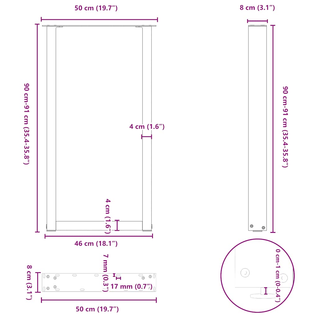 barbordsben U-formet 2 stk. sort 50x(90-91) cm stål