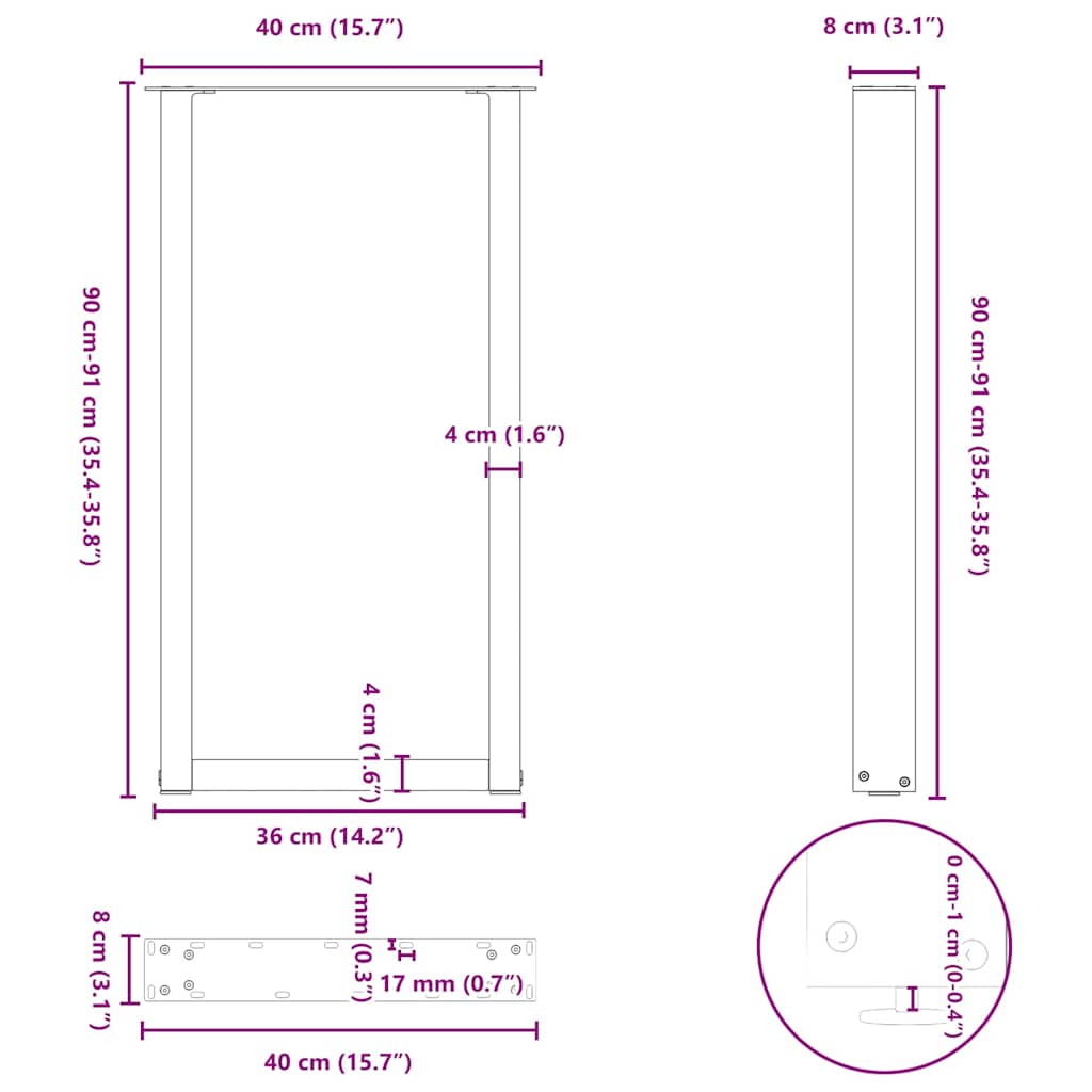 barbordsben U-formet 2 stk. naturstål 50x(90-91) cm stål