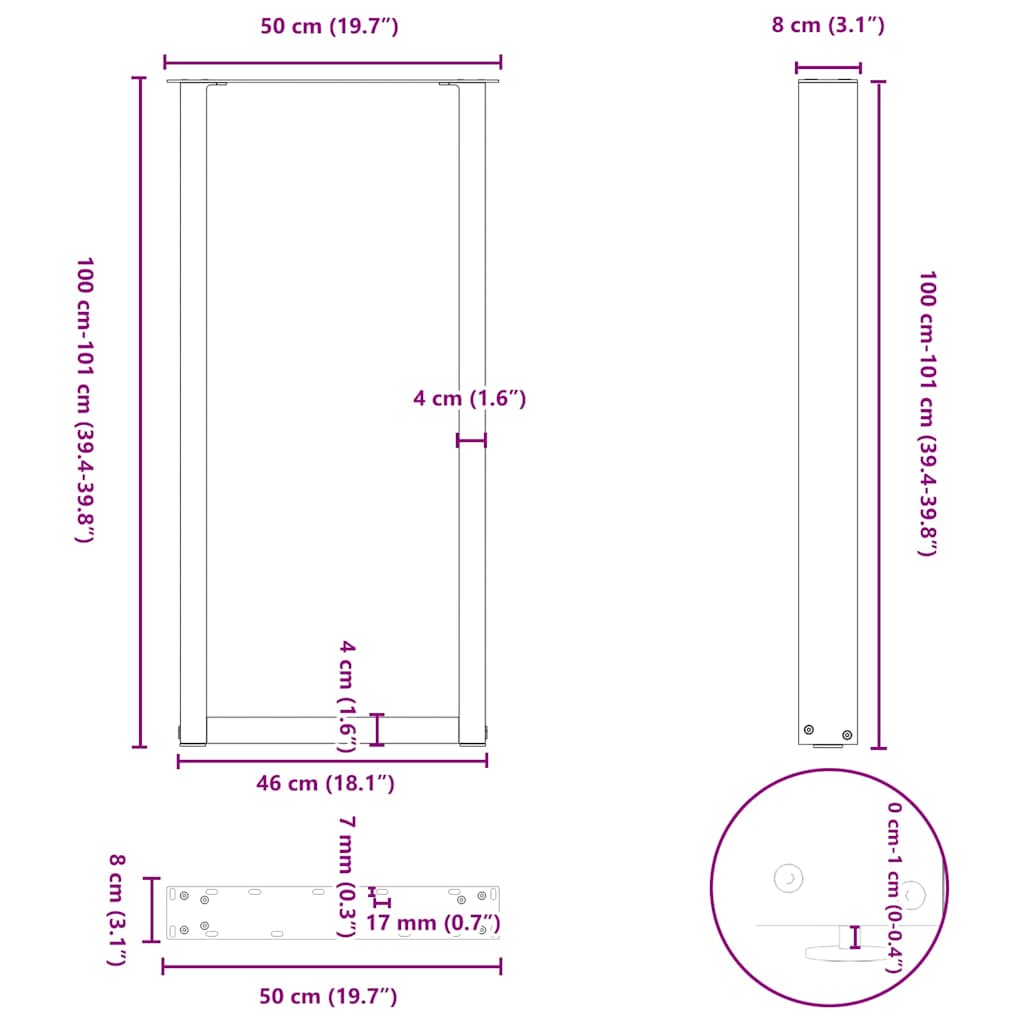 barbordsben U-formet 2 stk. antracit 50x(100-101) cm stål