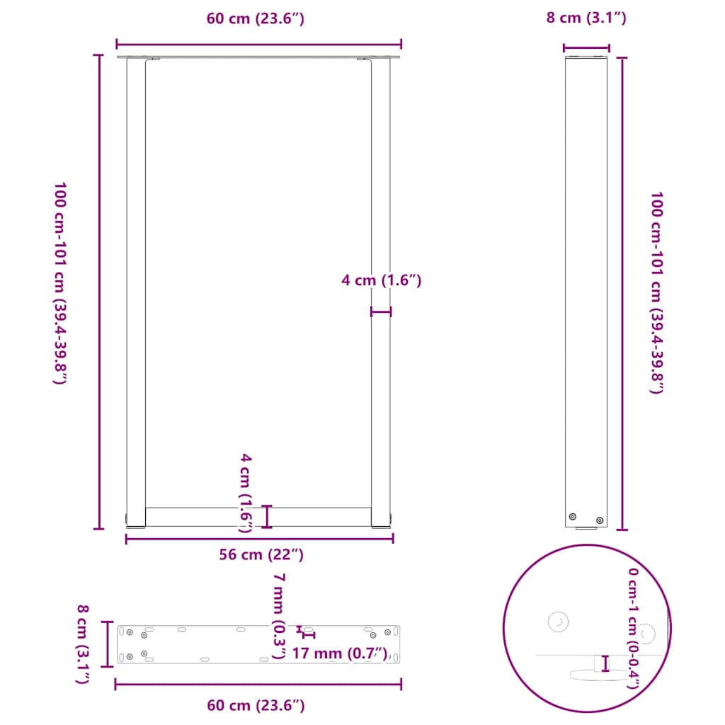 barbordsben U-formet 2 stk. naturstål 60x(100-101) cm stål