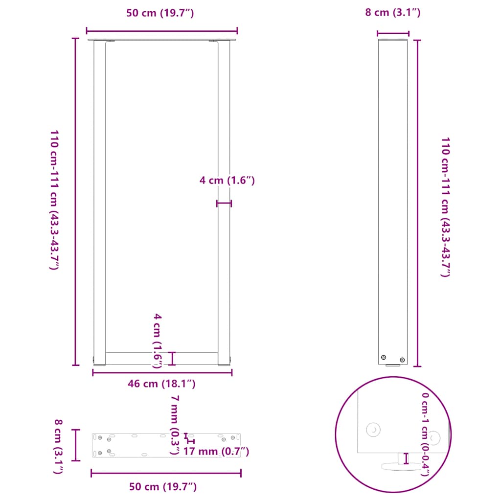 barbordsben U-formet 2 stk. naturstål 50x(110-111) cm stål