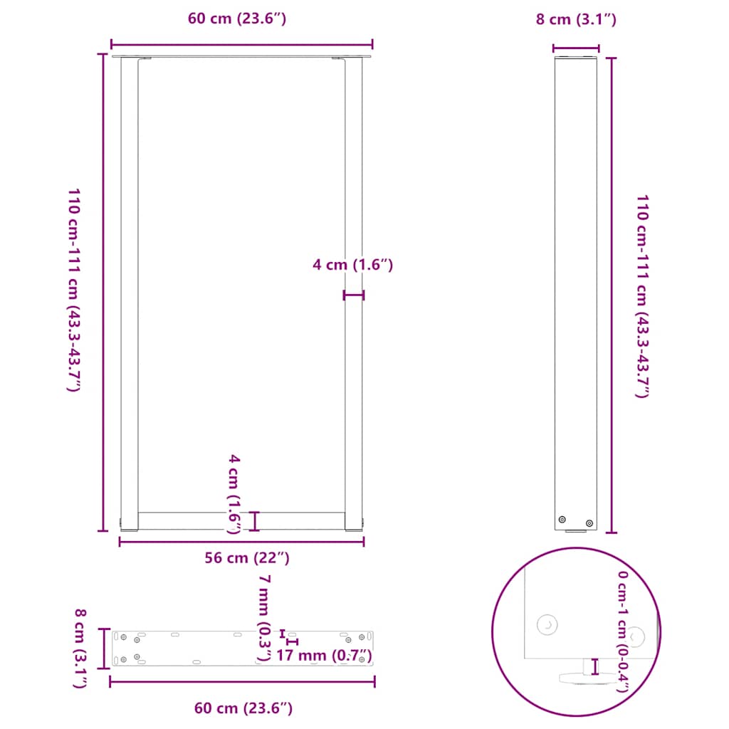 barbordsben U-formet 2 stk. sort 60 x (110-111) cm stål