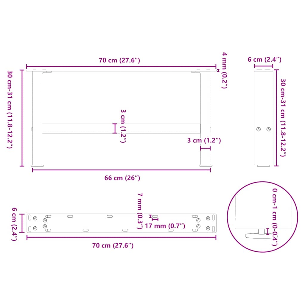 sofabordsben hvide 2 stk. 70x(30-31) cm stål