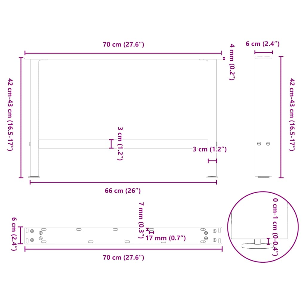 sofabordsben naturstål 2 stk. 70x(42-43) cm stål
