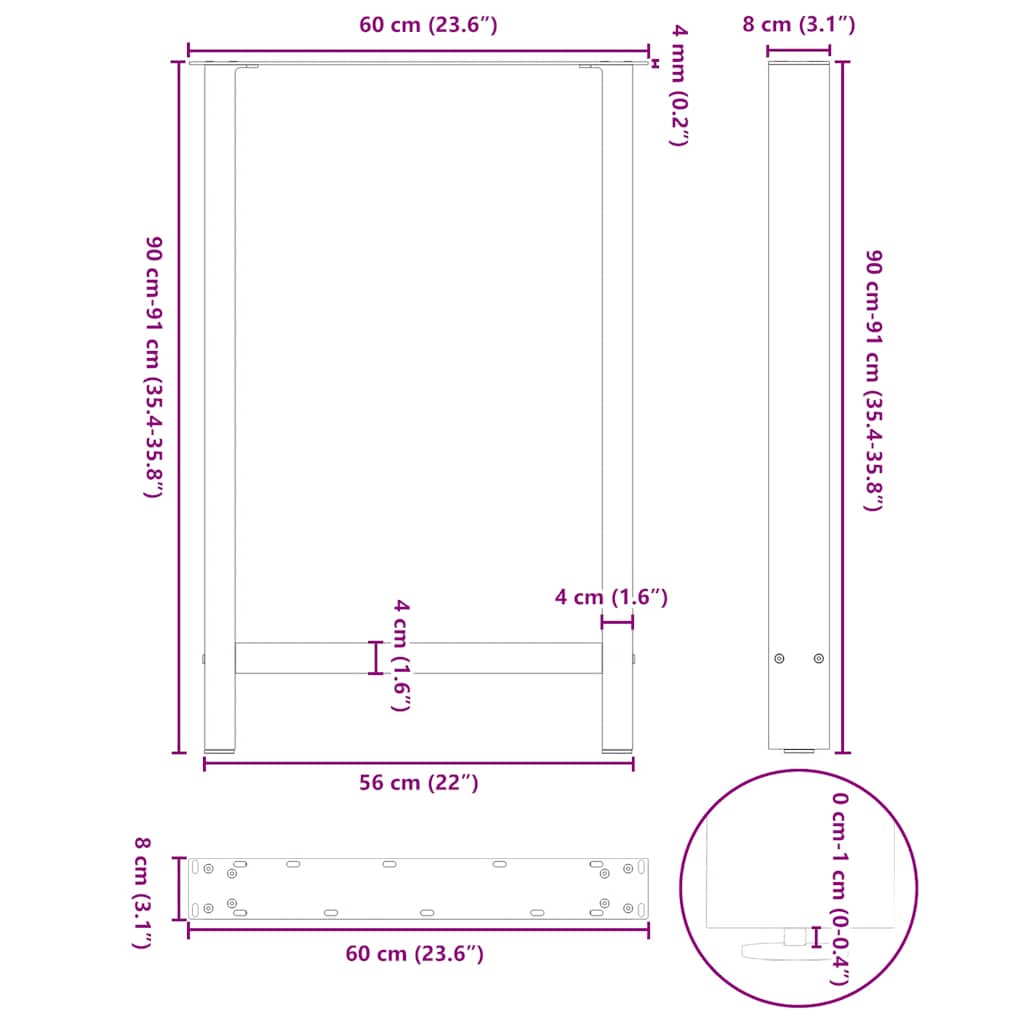 barbordsben naturstål 2 stk. 60x(90-91) cm stål