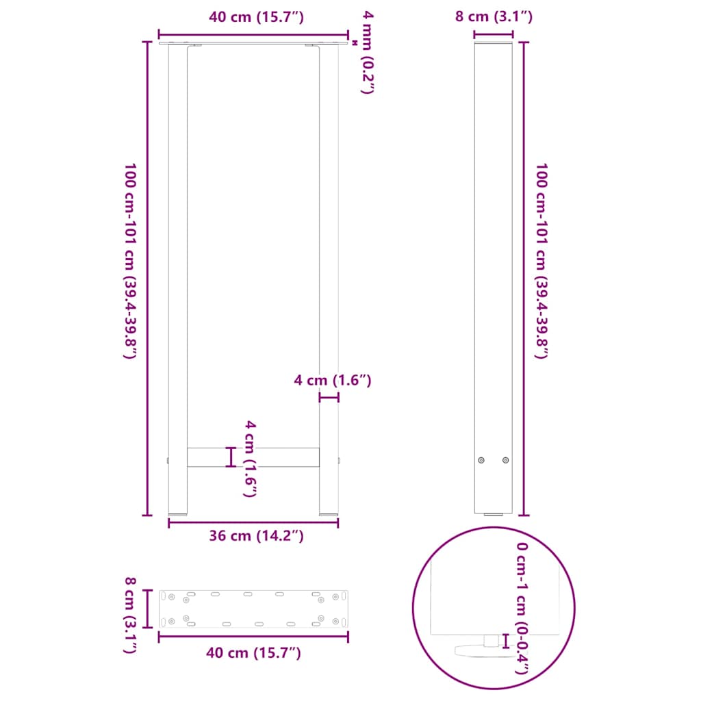 barbordsben hvide 2 stk. 40x(100-101) cm stål