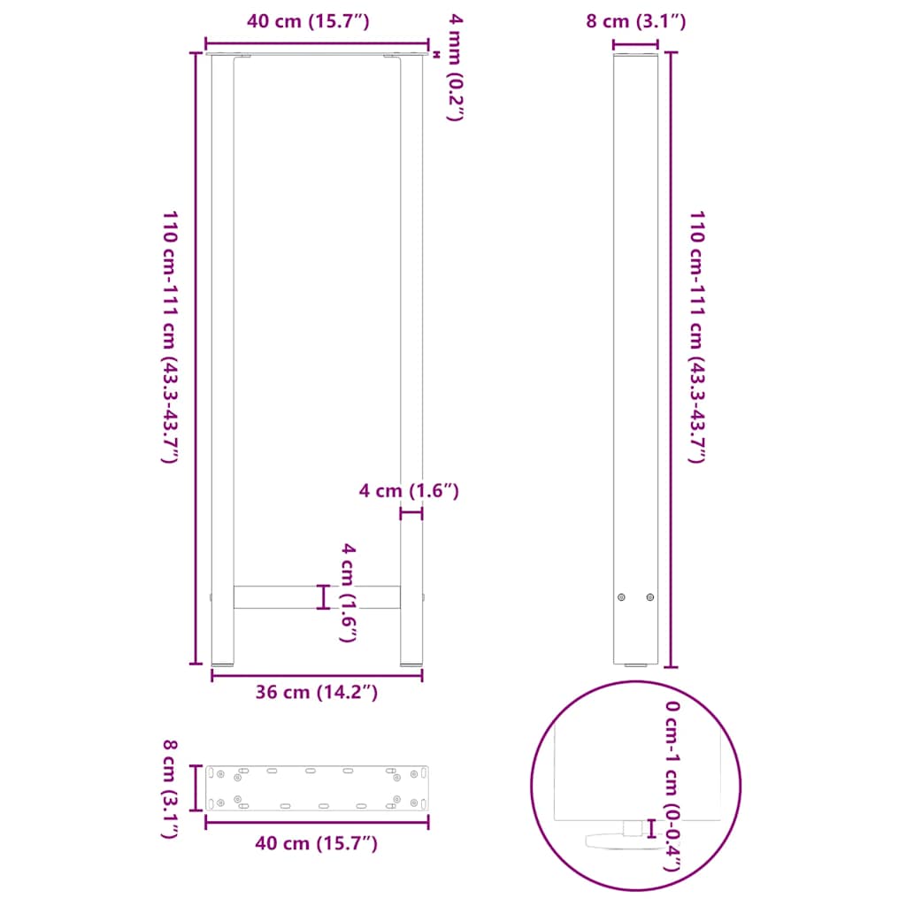 barbordsben hvide 2 stk. 40x(110-111) cm stål
