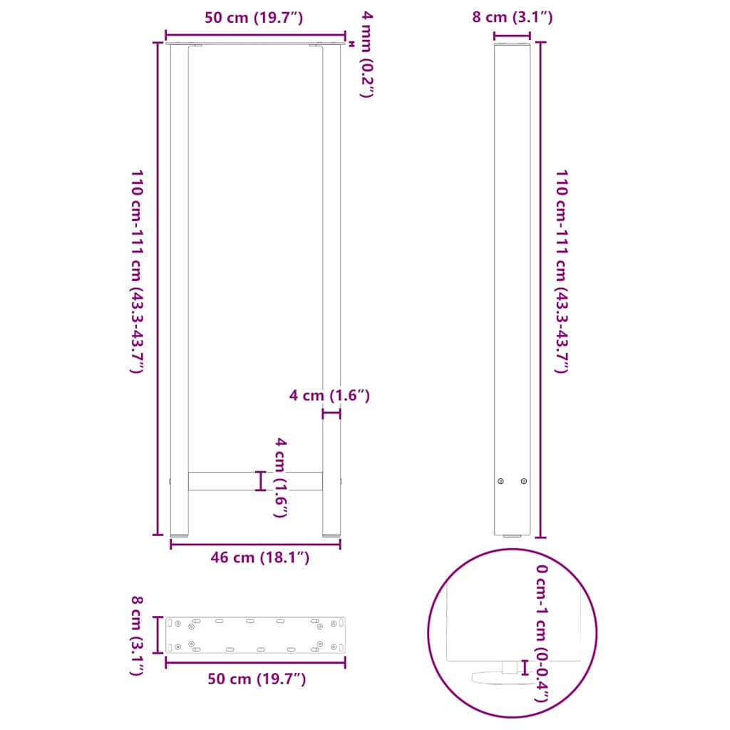 barbordsben naturstål 2 stk. 50x(110-111) cm stål
