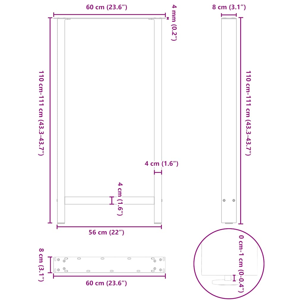 barbordsben sort 2 stk. 60x(110-111) cm stål