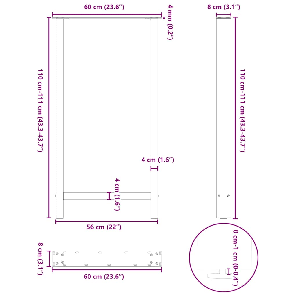 barbordsben naturstål 2 stk. 60x(110-111) cm stål