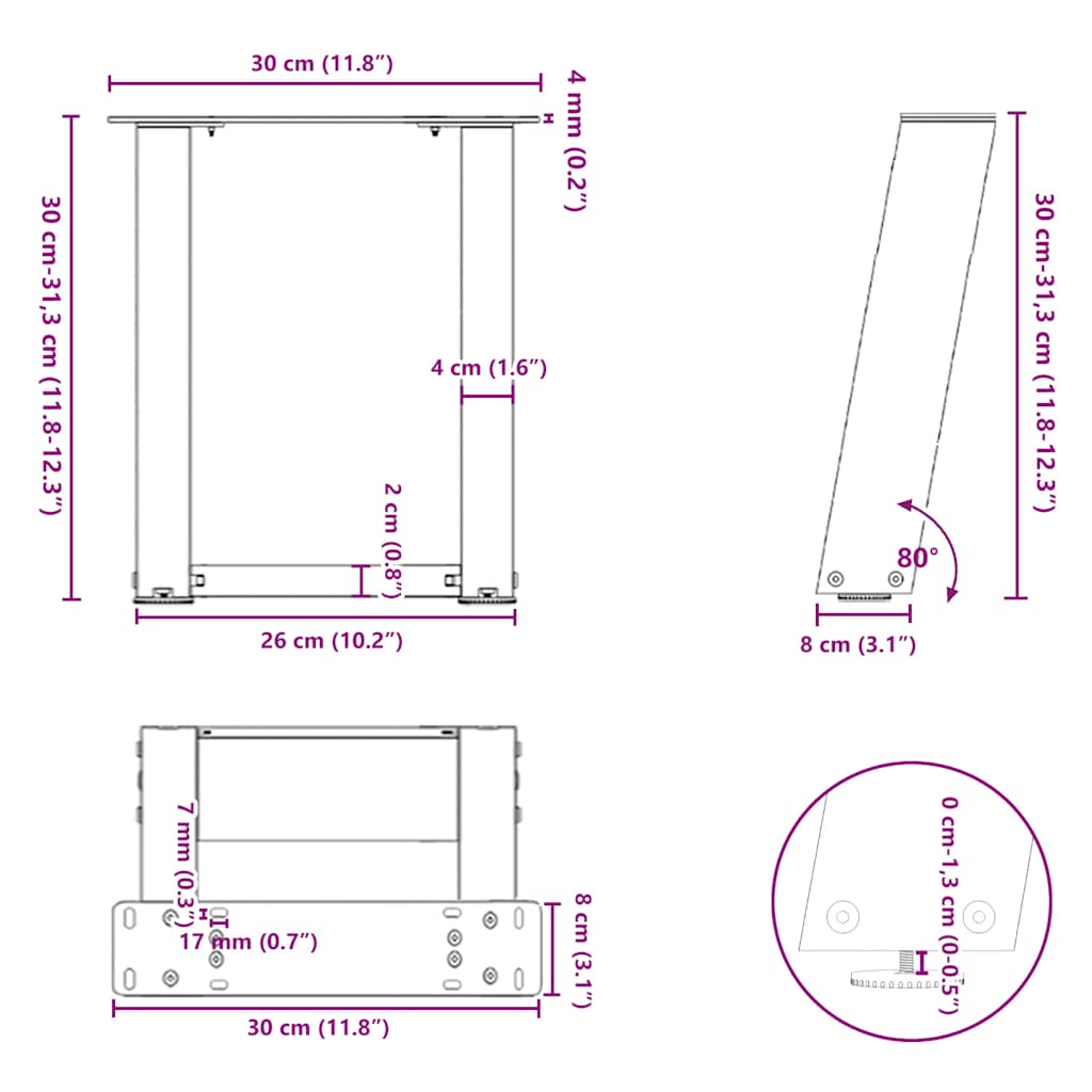 sofabordsben U-formet 2 stk. sort 30x(30-31) cm stål