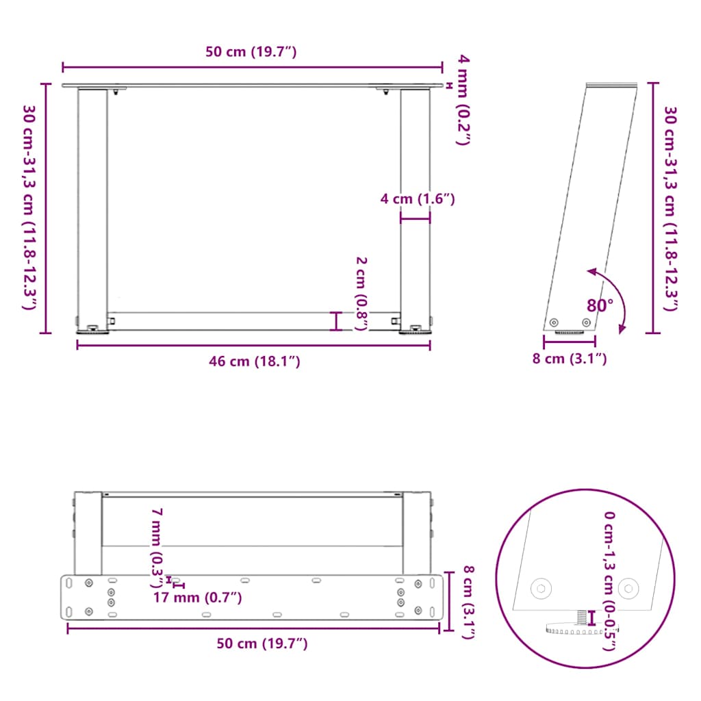sofabordsben U-formet 2 stk. hvid 50x(30-31) cm stål