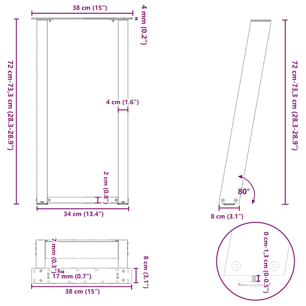 konsolbordben U-formet 2 stk. antracit 38 x (72-73) cm stål