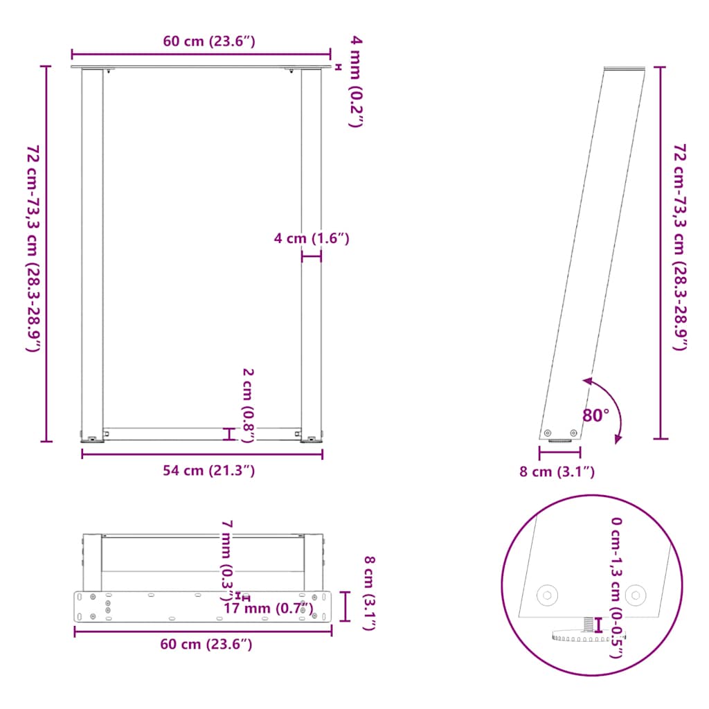 spisebordsben U-formet 2 stk. hvid 60 x (72-73) cm stål