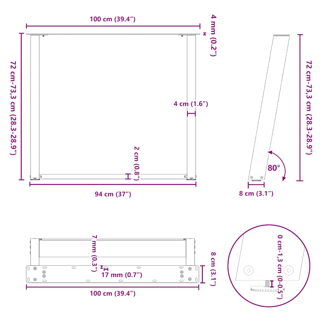 spisebordsben U-formet 2 stk. naturstål 100x(72-73) cm stål