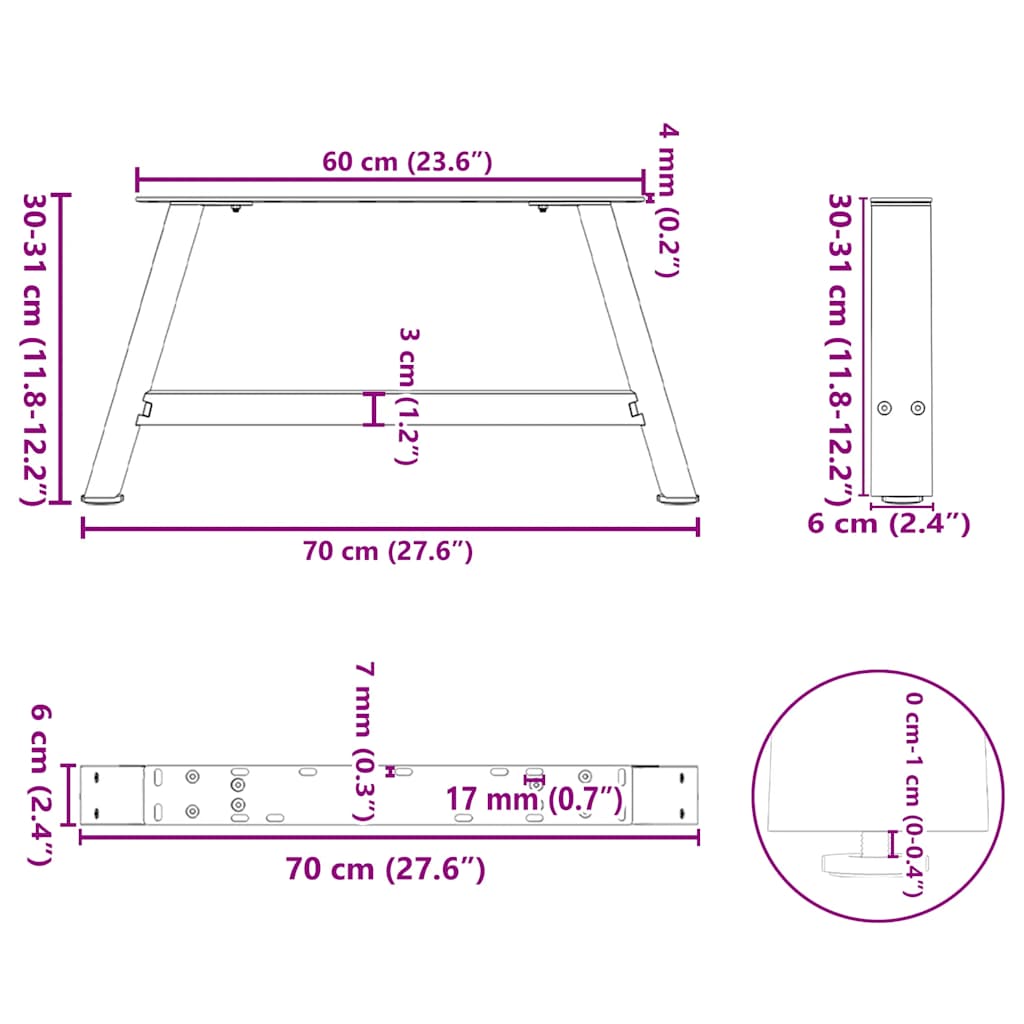 sofabordsben A-formet 2 stk. antracit 70x(30-31) cm stål