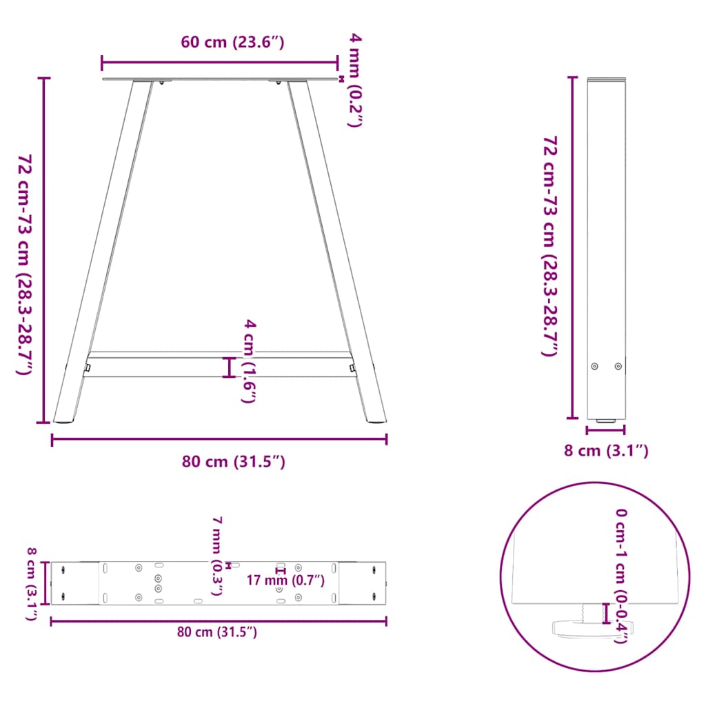 spisebordsben A-formet 2 stk. sort 80x(72-73) cm stål
