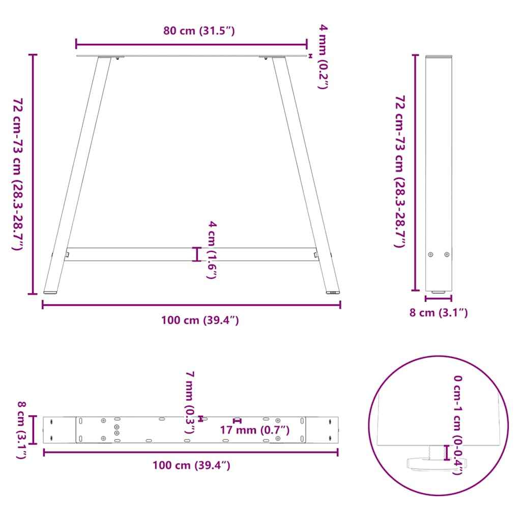 spisebordsben A-formet 2 stk. antracit 100x(72-73) cm stål
