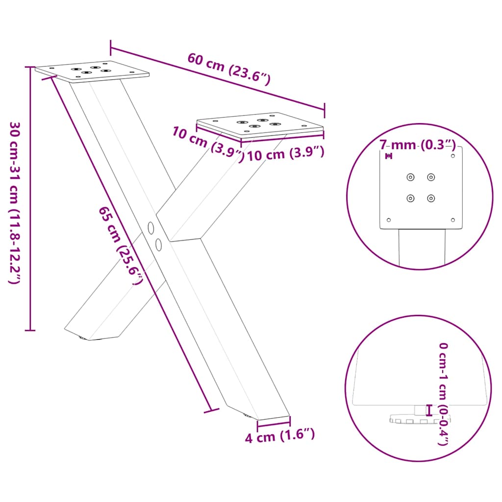 sofabordsben X-formet 2 stk. naturstål 60x(30-31) cm stål