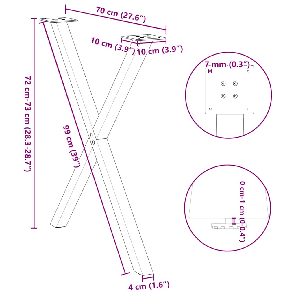 spisebordsben X-formet 2 stk. sort 70 x (72-73) cm stål