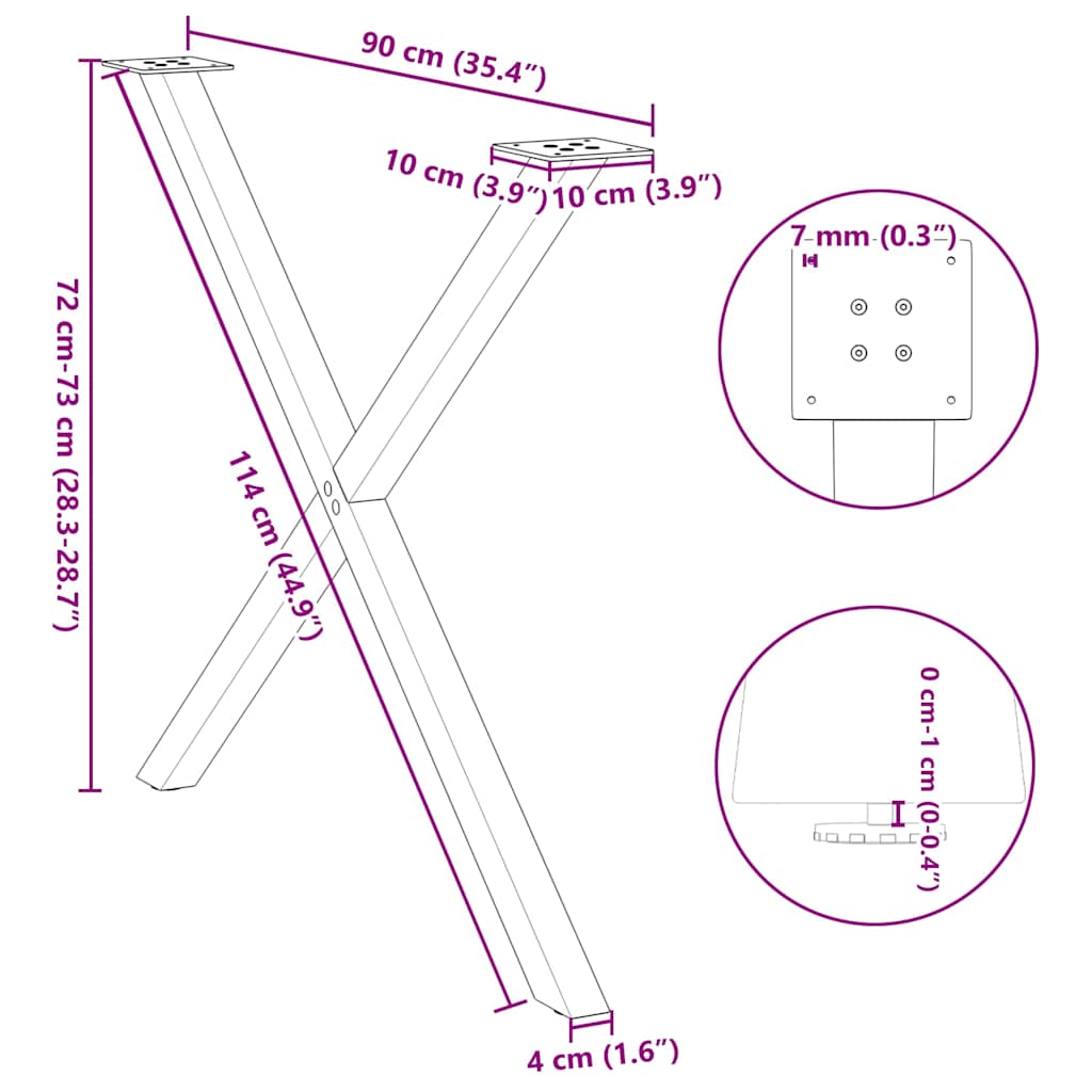 spisebordsben X-formet 2 stk. naturstål 90x(72-73) cm stål