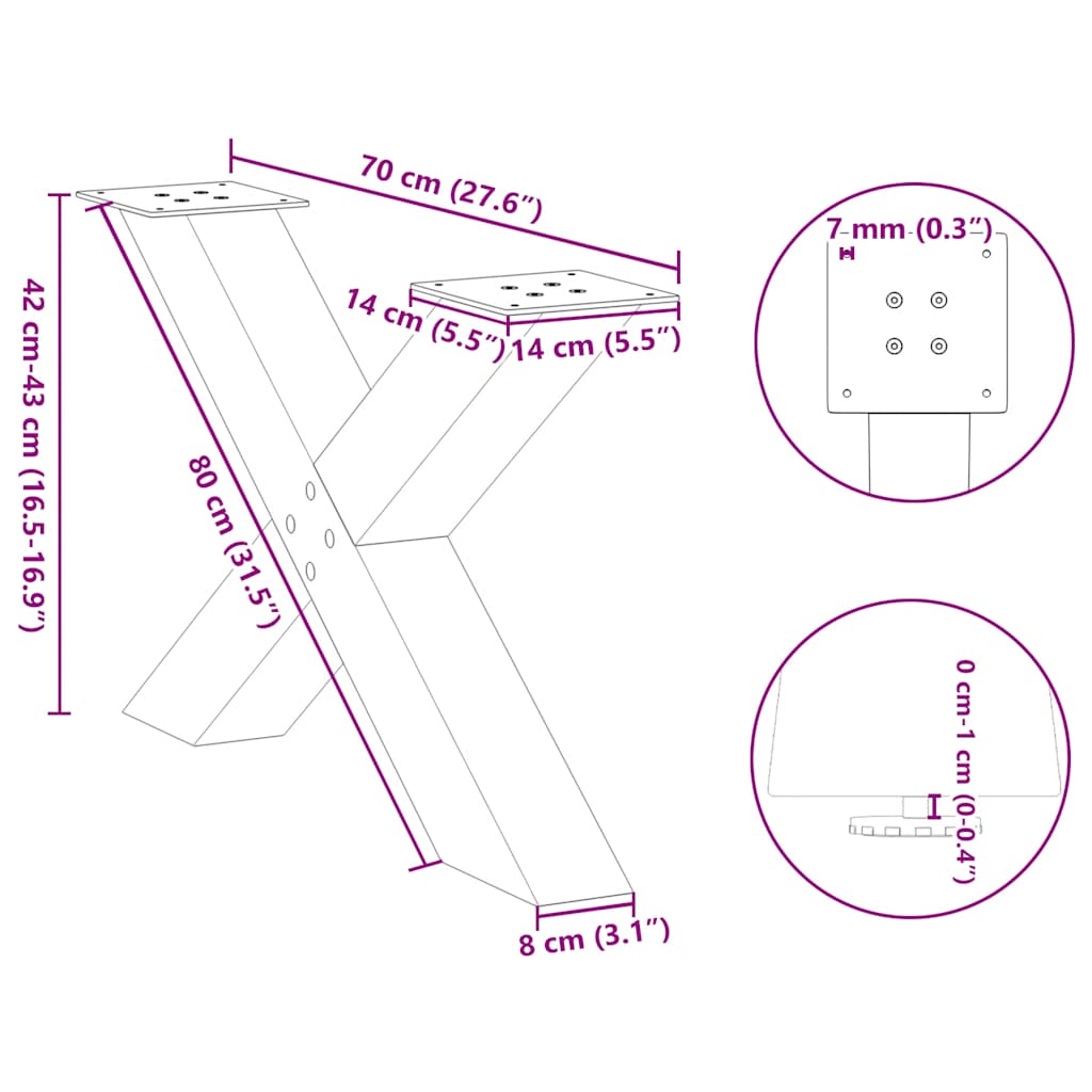 sofabordsben X-formet 2 stk. antracit 70 x (42-43) cm stål