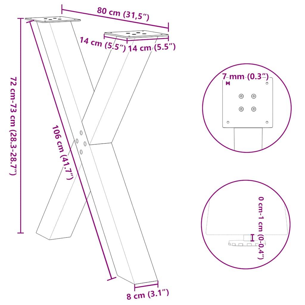 spisebordsben X-formet 3 stk. sort 80 x (72-73) cm stål