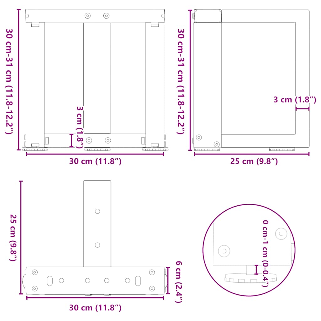 sofabordsben T-formet 2 stk. hvid 30x25x(30-31) cm stål