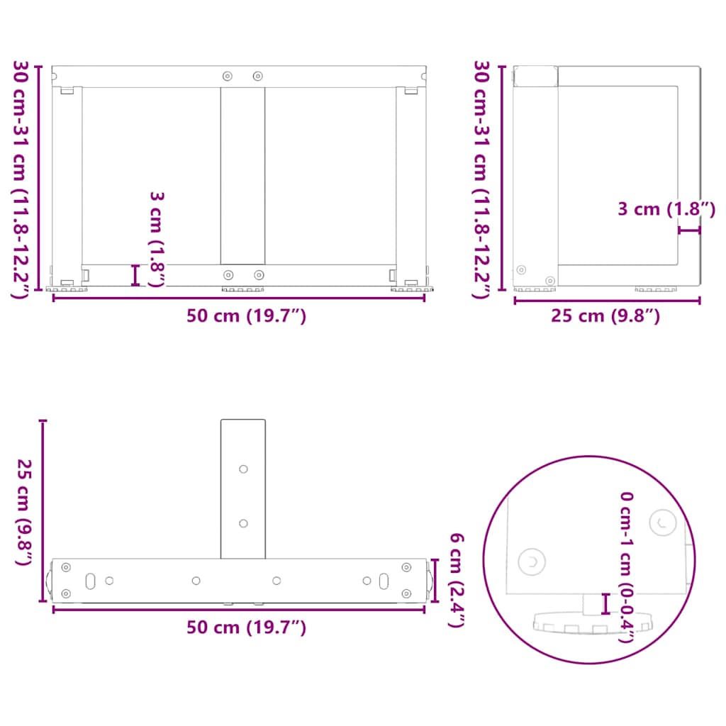 sofabordsben T-formet 2 stk. sort 50x25x(30-31) cm stål