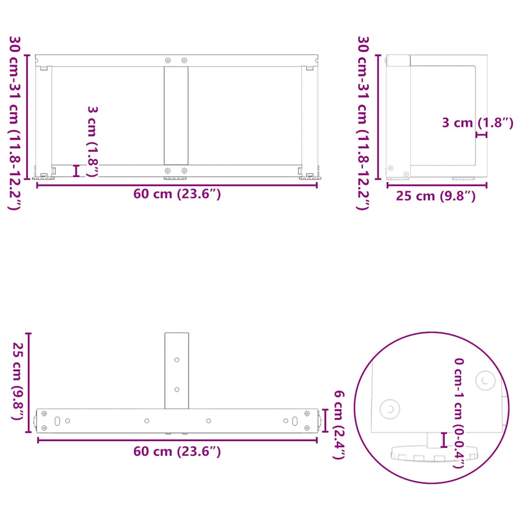 sofabordsben T-formet 2 stk. sort 60x25x(30-31) cm stål