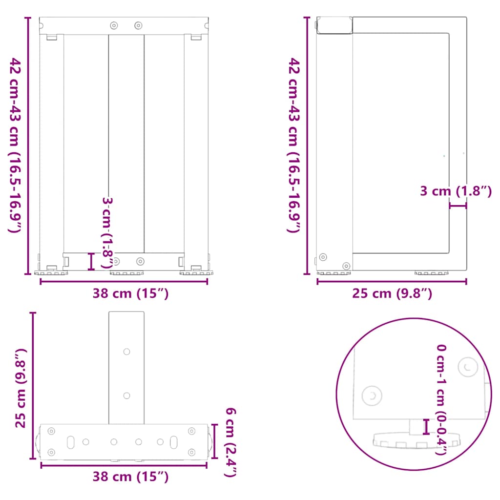 sofabordsben T-formet 2 stk. sort 38x25x(42-43) cm stål