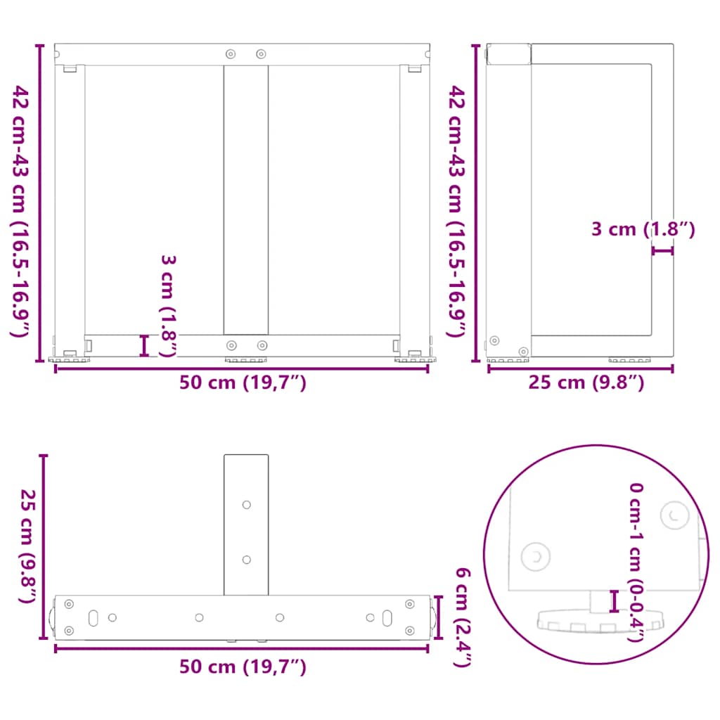 sofabordsben T-formet 2 stk. antracit 50x25x(42-43) cm stål