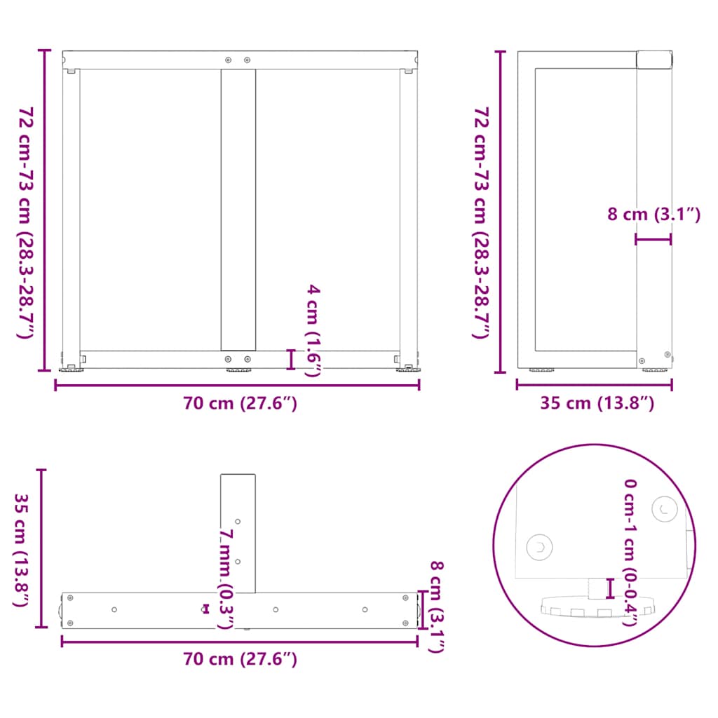 spisebordsben T-formet 2 stk. hvid 70x35x(72-73) cm stål