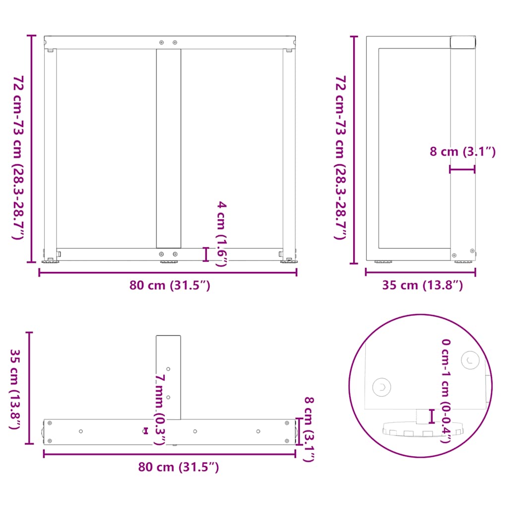 spisebordsben T-formet 2 stk. hvid 80x35x(72-73) cm stål