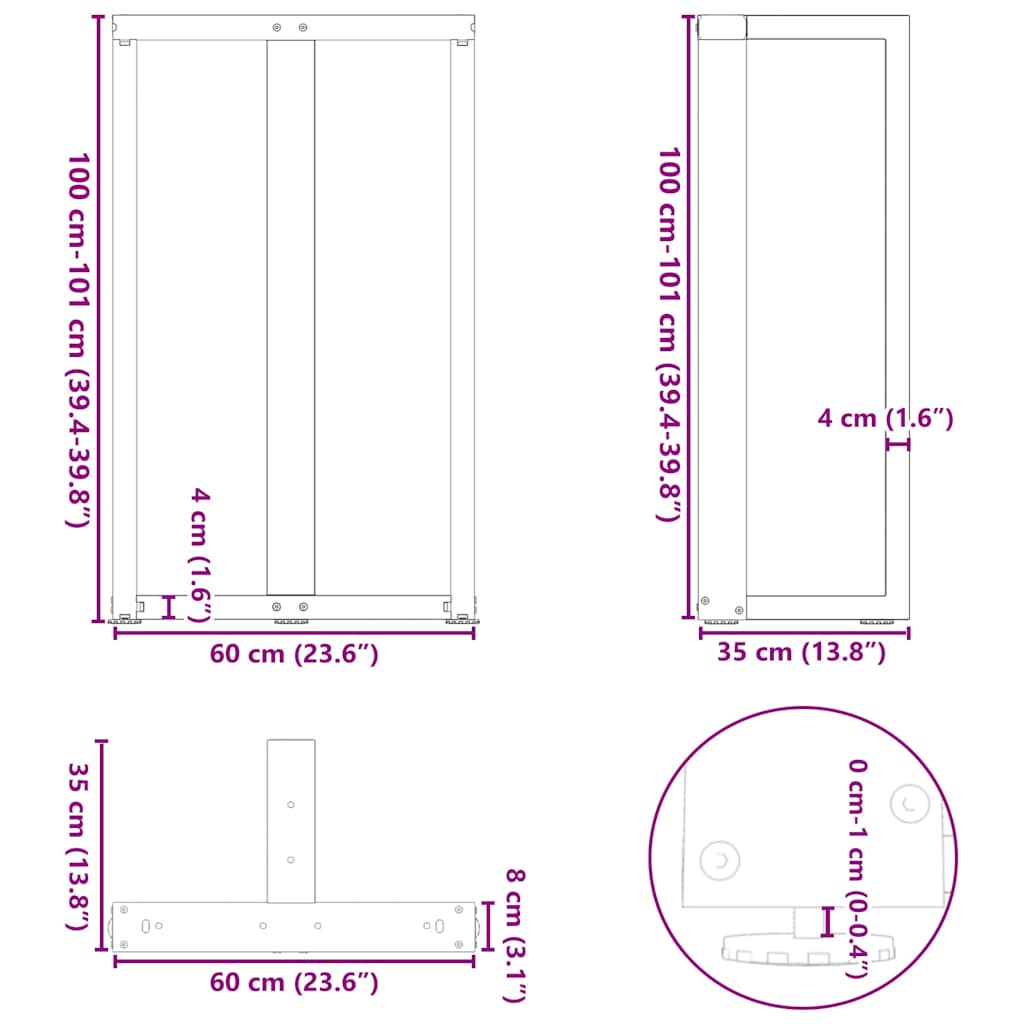 barbordsben T-formet 2 stk. sort 60x35x(100-101) cm stål