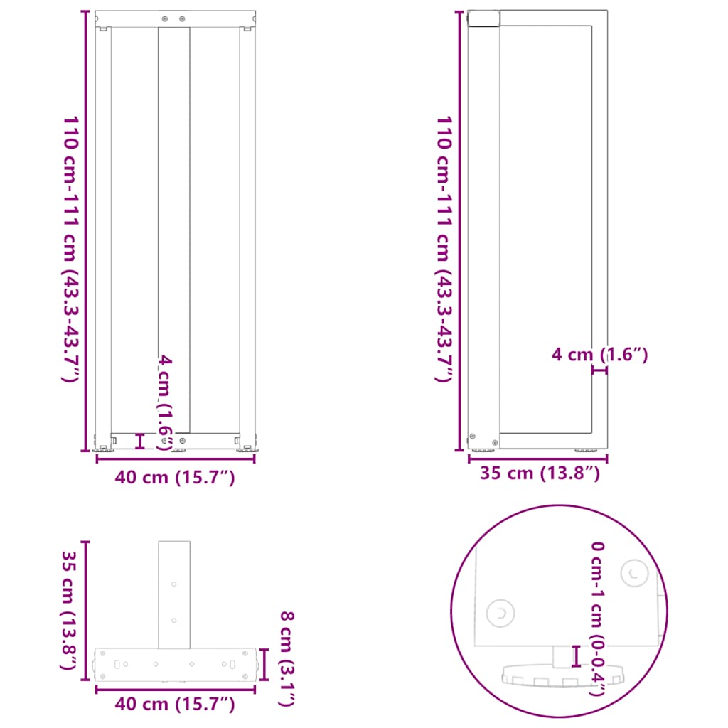 barbordsben T-formet 2 stk. sort 40x35x(110-111) cm stål