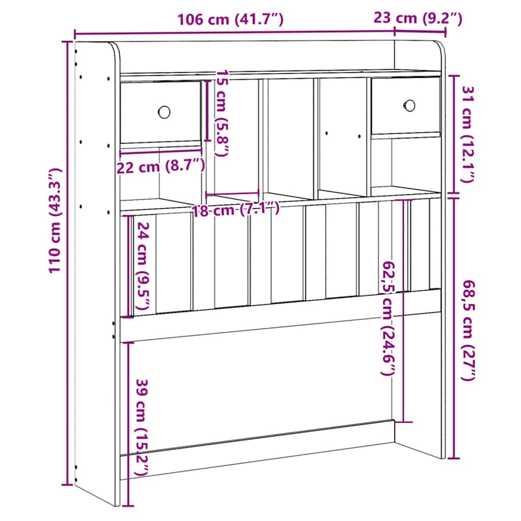 sengegavl med opbevaring 100 cm massivt fyrretræ