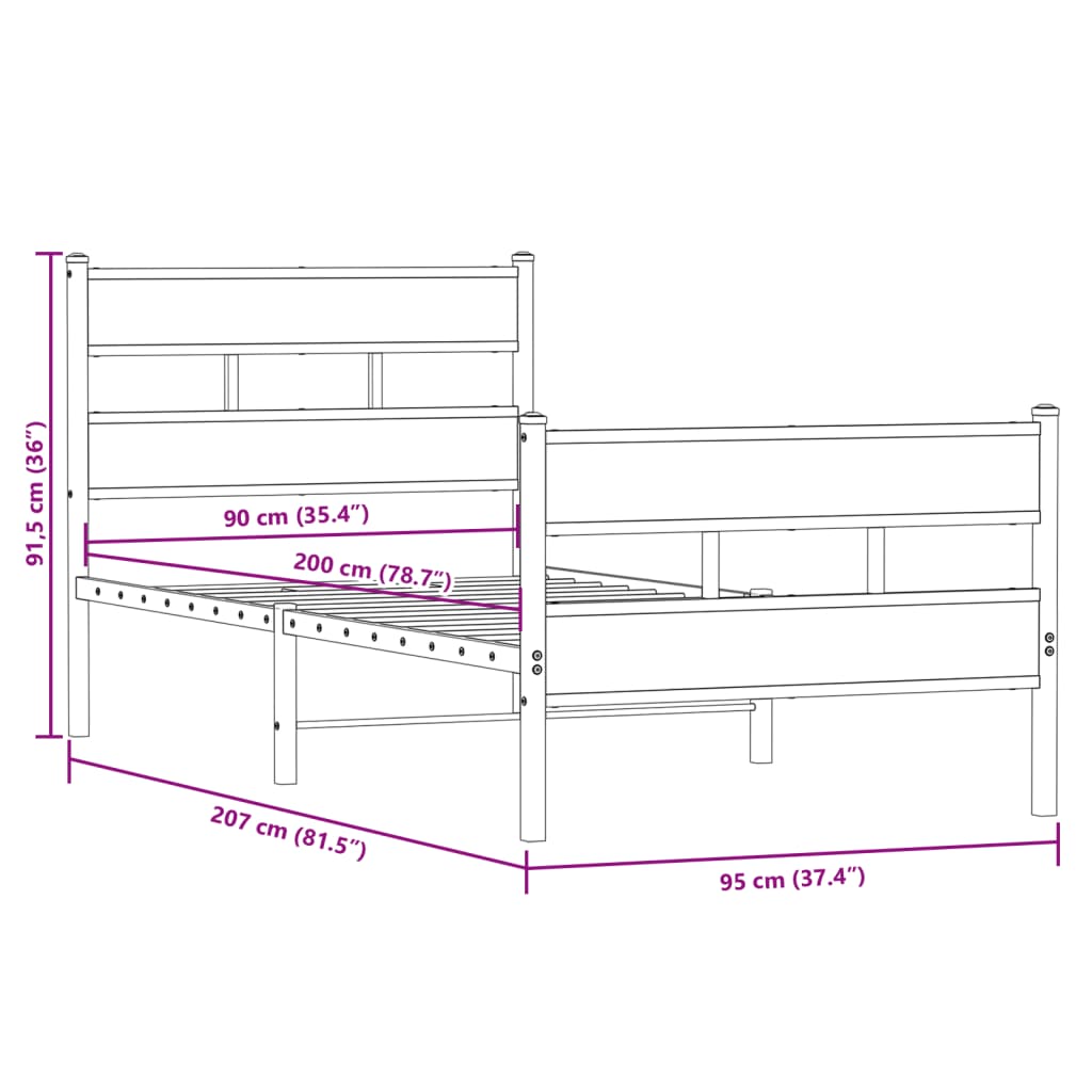 sengeramme uden madras 90x200 cm metal røget egetræsfarve