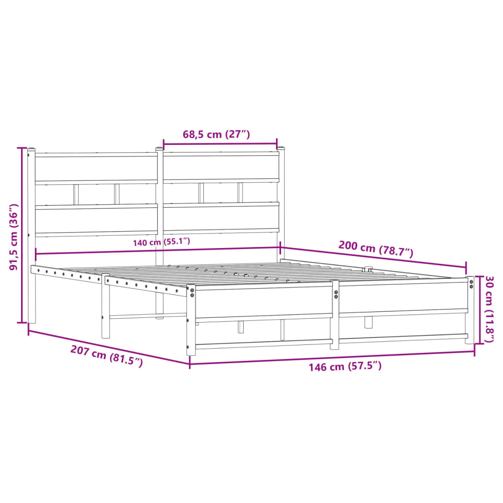 sengeramme uden madras 140x200 cm metal røget egetræsfarve
