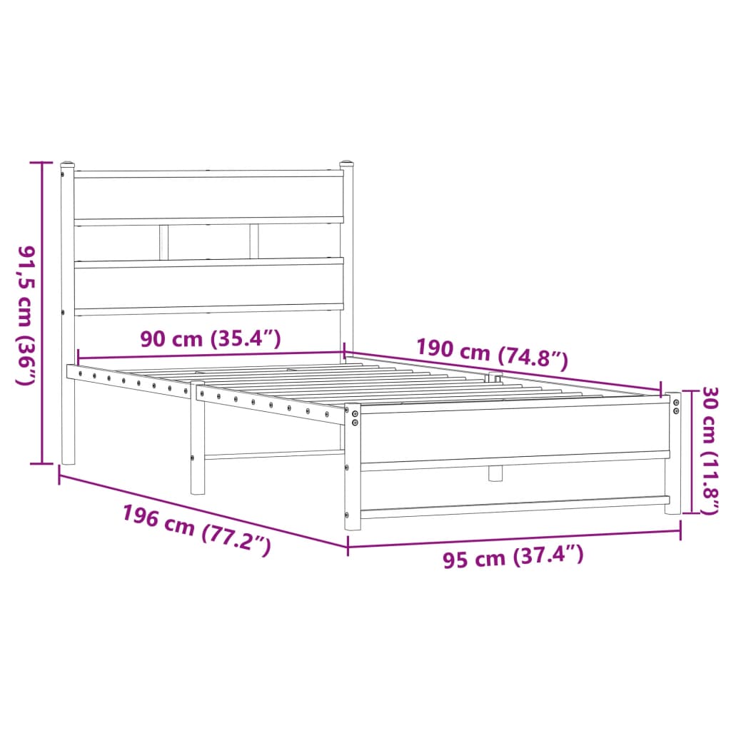sengeramme 90x190 cm uden madras metal brun egetræsfarve
