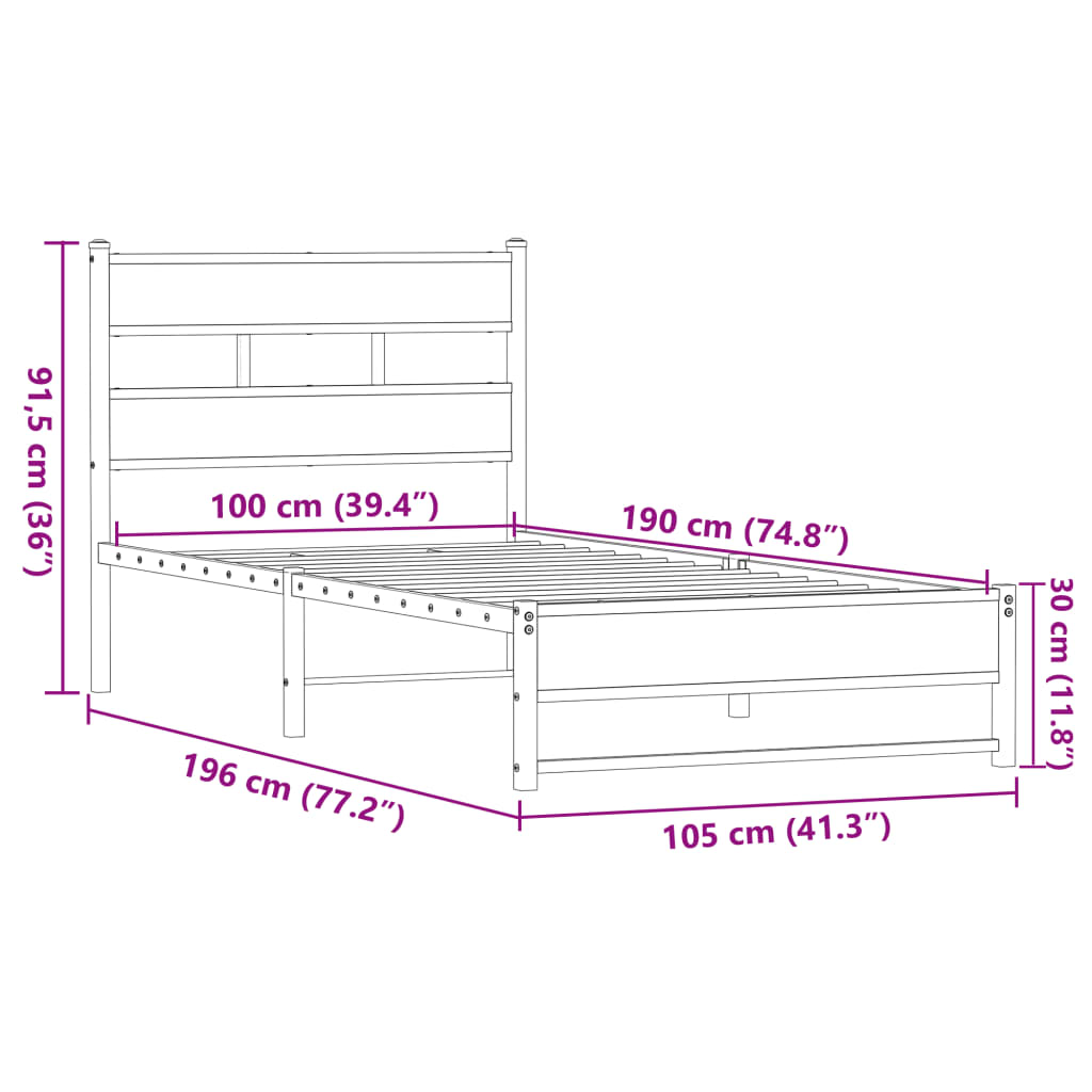 sengeramme 100x190 cm uden madras metal brun egetræsfarve
