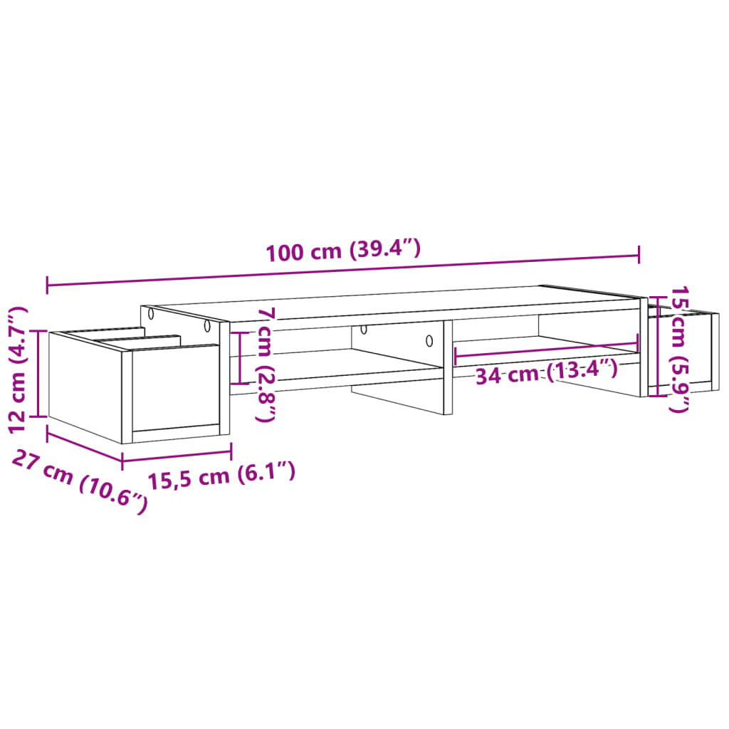 skærmholder med opbevaring 100x27x15 cm konstrueret træ