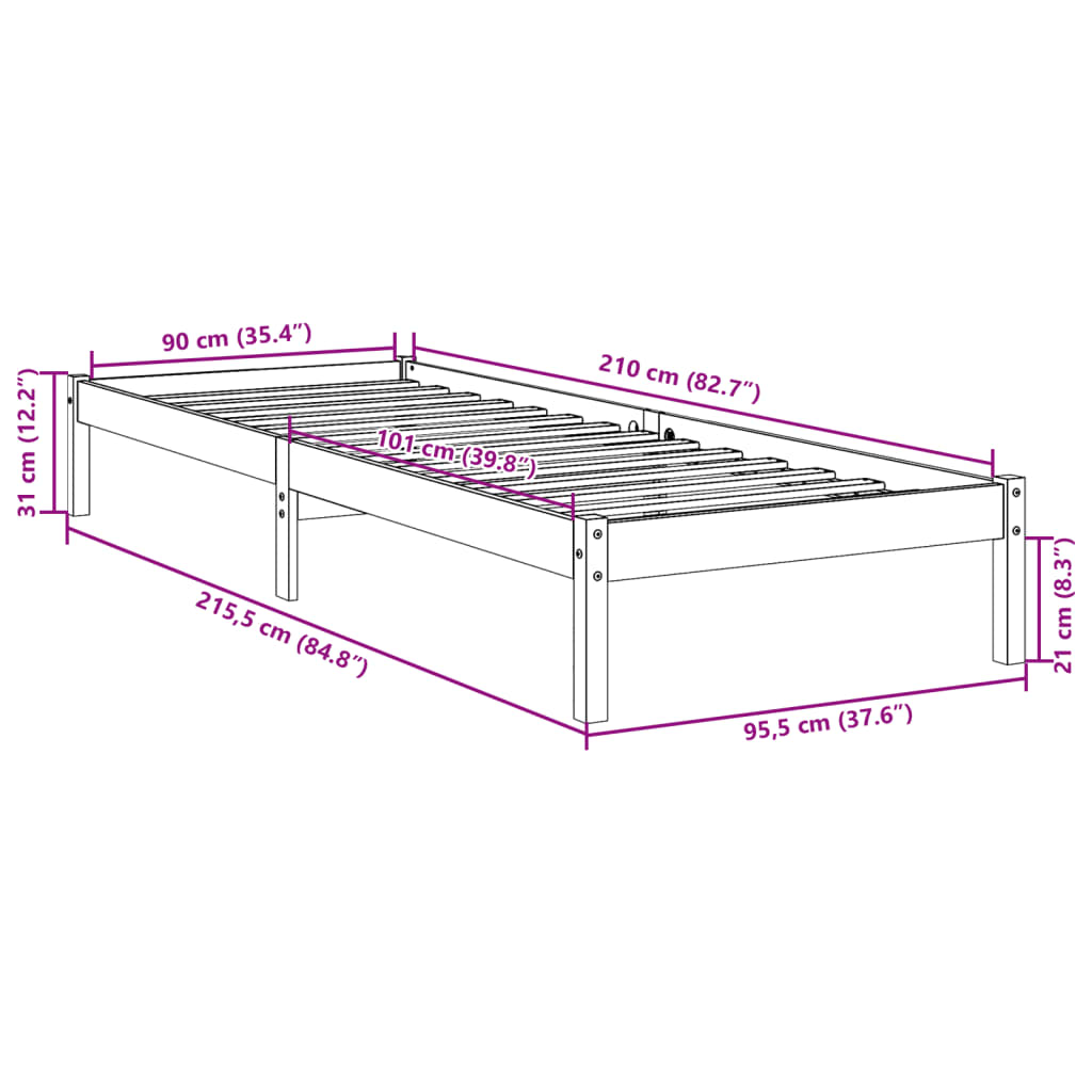 ekstra lang sengeramme uden madras 90x210 cm massivt fyrretræ