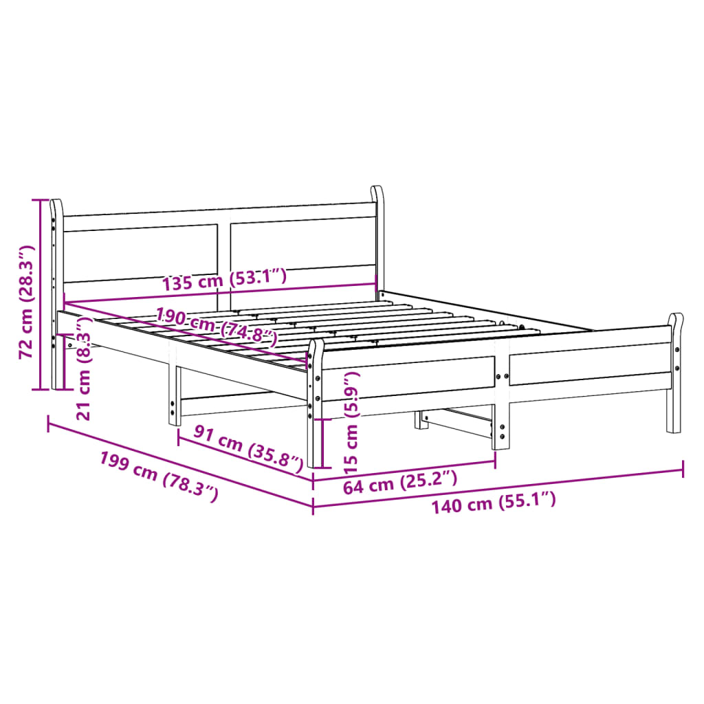 sengeramme uden madras 135x190 cm massivt fyrretræ hvid