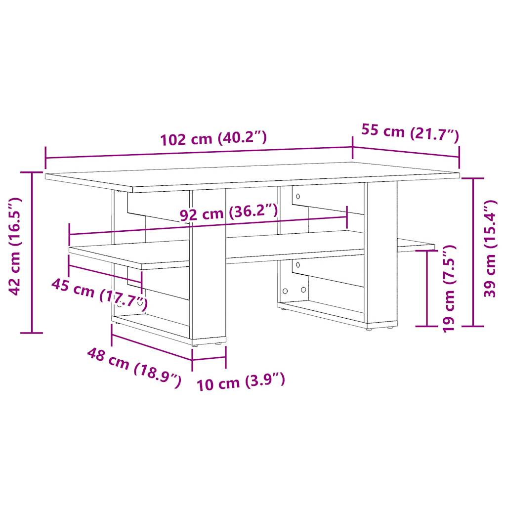 sofabord 102x55x42 cm konstrueret træ antikt trælook