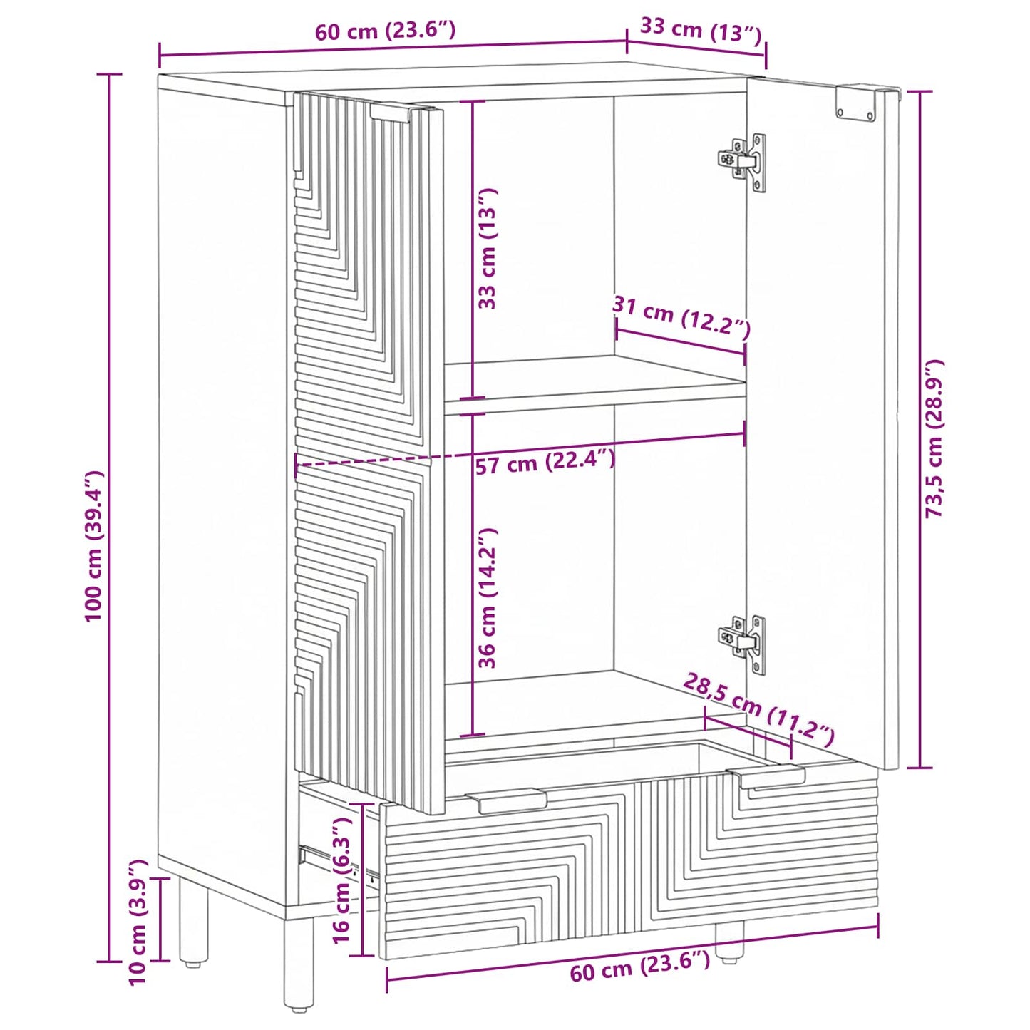 Highboard med skuffe Brun 60 x 33 x 100 cm Massivt mangotræ